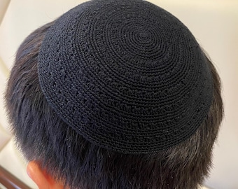 Fancy Black Kippah | 12-20cm | DMC Cotton | 100% Hand Crocheted