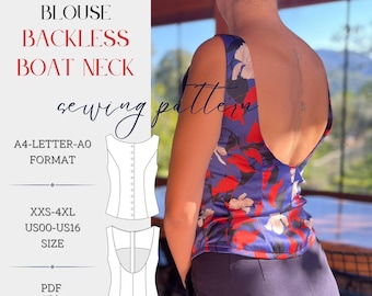 Boat Neck Backless Shirt Blouse Sewing Pattern: XXS-4XL / A0-LETTER-A4 / PDF pattern