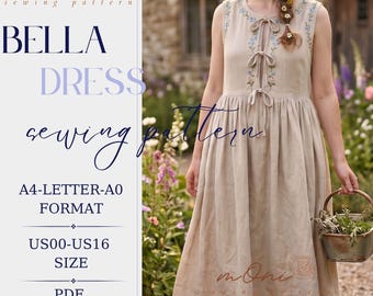 Linen Tie Front Babydoll Dress Sewing Pattern, Cottagecore Midi (PDF Download)