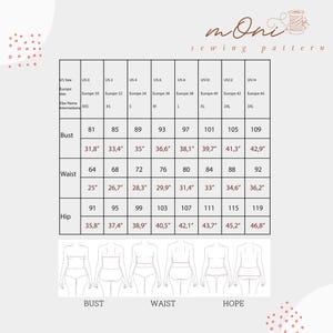 May include: A chart showing bust, waist, and hip measurements in inches for different sizes. The sizes are listed in US sizes and European sizes. The chart also includes the corresponding size names in international sizing.