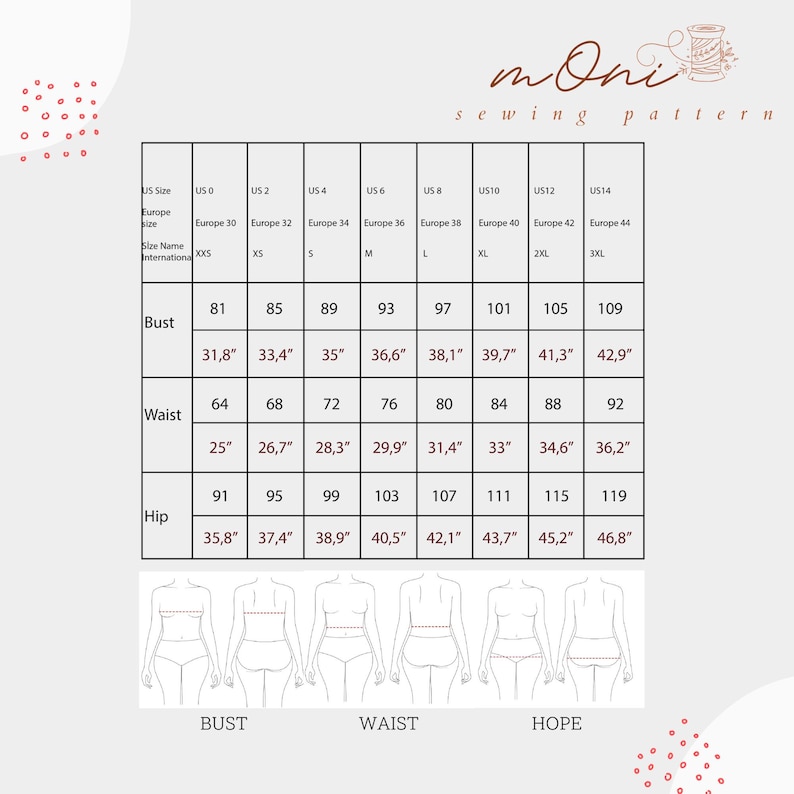 May include: A chart showing bust, waist, and hip measurements in inches for different sizes. The sizes are listed in US sizes and European sizes. The chart also includes the corresponding size names in international sizing.