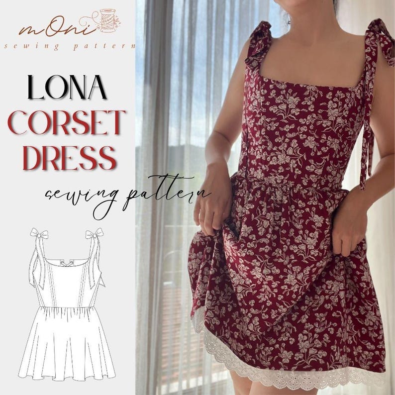 May include: A sewing pattern for a red and white floral corset dress with a lace trim. The pattern is called "Lona Corset Dress Sewing Pattern".