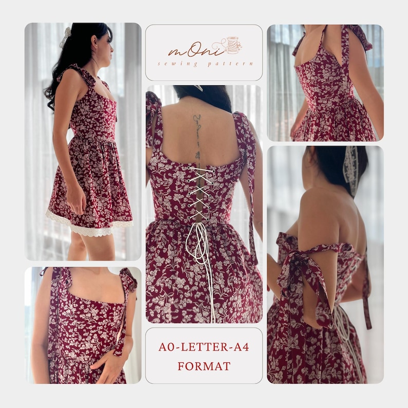 May include: A red and white floral dress with a square neckline and a lace trim. The dress has a corset-style back with white lacing. The dress is shown in multiple views, including the front, back, and side. The image also includes the text "AO-LETTER-A4 FORMAT".