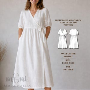 Puede incluir: Un vestido largo blanco de cintura alta con cuello cruzado, mangas cortas abullonadas y lazo lateral. La imagen incluye el texto: HIGH WAIST, WRAP NECK MAXI DRESS PDF PATTERN, A0-A4-LETTER FORMAT, SIZE: US 00-US 16, PDF PATTERN y un dibujo lineal.