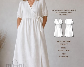 Empire Waist Linen Wrap Dress Pattern, Prairie Style Maxi Outfit (PDF)