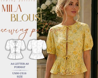 Mila Blouse Sewing Pattern | Tie Front Peplum Top | XXS-4XL (Digital PDF)