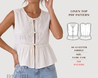 Linen Front Tie Top Pattern, Woman Summer Blouse Easy PDF, Size: XXS-4XL