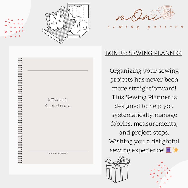 May include: A white sewing planner with a spiral binding and the text "SEWING PLANNER" on the cover. The planner is a bonus item for a sewing pattern.