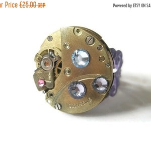 Steampunk Ring Steam Punk Jewellery Vintage Watch Movement Lilac Filigree adjustable Sapphire Amethyst Rose Swarovski