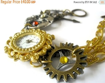 Bracelet Steampunk Watch jewelry cogs hands gears charms Swarovski crystal Jewellery Gold Filigree Chain clockwork fantasy Bracelet