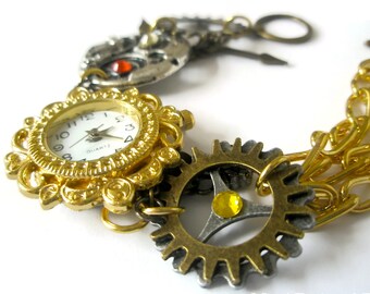 Bracelet Steampunk Watch jewelry cogs hands gears charms Swarovski crystal Jewellery Gold Filigree Chain clockwork fantasy Bracelet