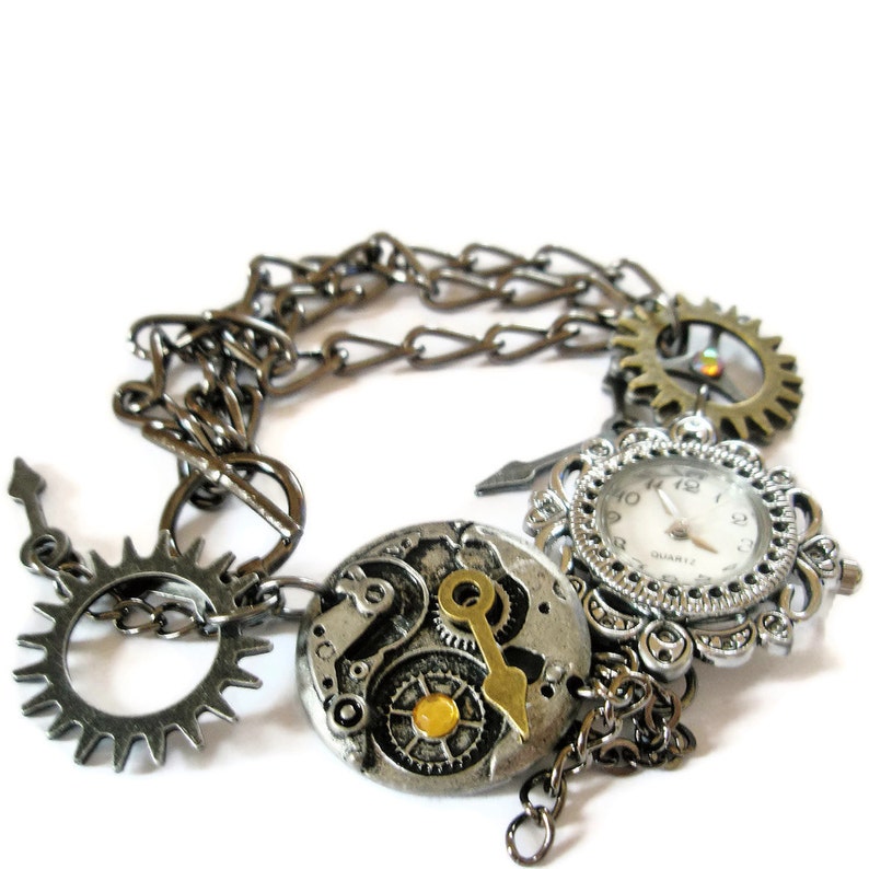 Bracelet Steampunk Watch Jewelry Cogs Hands Gears Charms Etsy