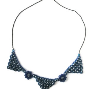 Statement Jewellery Blue Bead work Abstract triangular Necklace Silver Blue Glass pearls triangle collar flower links image 3
