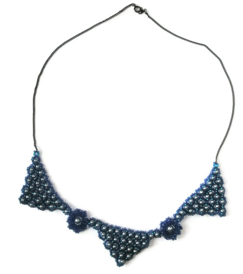 Statement Jewellery Blue Bead work Abstract triangular Necklace Silver Blue Glass pearls triangle collar flower links image 3
