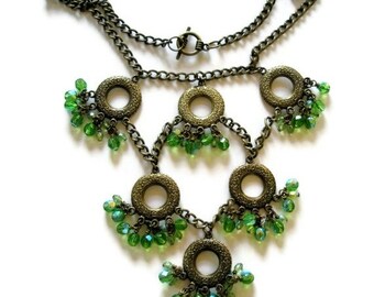 Statement bib  Necklace green bead jewelry  antique brass