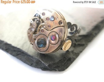 Steampunk Ring Victorian Jewellery Vintage Watch Movement Black Filigree adjustable  Sapphire Montana Meridian Blue Swarovski