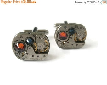 Wedding Watch Movement Cufflinks Steam punk up-cycled Mechanical industrial mens womens Montana Blue and Volcano swarovski