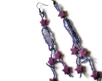 Purple beaded earrings Right angle weave star embellished drop
