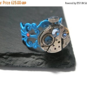 Jewelry Steampunk Ring Vintage Watch Ring clockwork Light Sapphire Montana Sapphire Swarovski crystal Blue Filigree