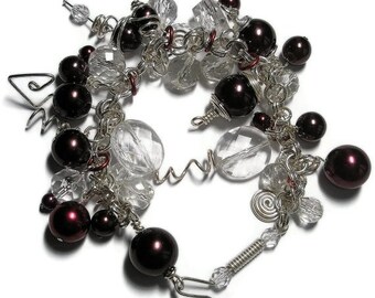 Cranberry Glass pearl and Ice and Silver wire wrapped Bracelet