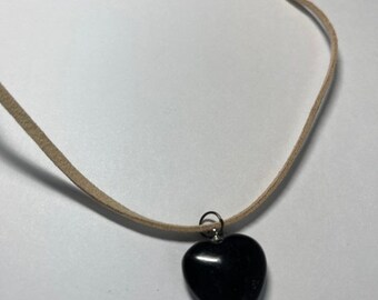 Black obsidian heart shaped pendant faux suede choker