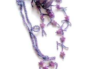 Jewelry Star necklace Purple bead stitched necklace embellished with stars and rocks right angle weave necklace