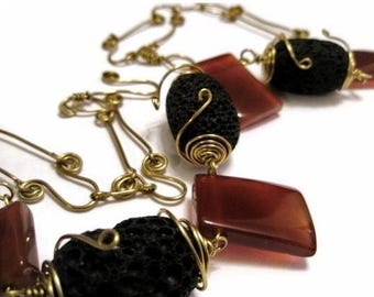 Red Agate Necklace wire wrapped Brass Volcanic black lava Jewelry