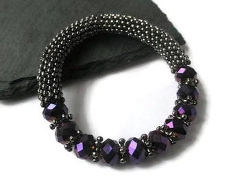 Bracelet Gunmetal Gray snowflake beads Metallic Purple Czech Firepolished beads Bubble stretchy bangle Adjustable