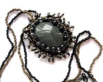 Seed bead necklace bronze  Smokey Grey Gray Cabochon necklace embellished bead stitched