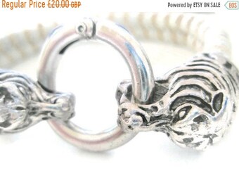 Tiger head Clasp Suede woven Bangle bracelet Grey Beige Fantasy Jewellery Silver clasp