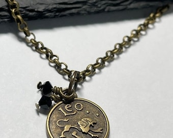 Leo zodiac charm bracelet Black Onyx brass chain