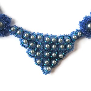 Statement Jewellery Blue Bead work Abstract triangular Necklace Silver Blue Glass pearls triangle collar flower links image 2