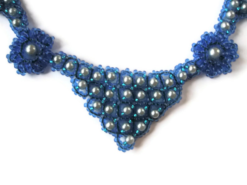 Statement Jewellery Blue Bead work Abstract triangular Necklace Silver Blue Glass pearls triangle collar flower links image 2