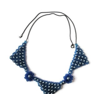 Statement Jewellery Blue Bead work Abstract triangular Necklace Silver Blue Glass pearls triangle collar flower links