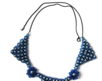 Statement Jewellery Blue Bead work Abstract triangular Necklace Silver Blue Glass pearls triangle collar flower links