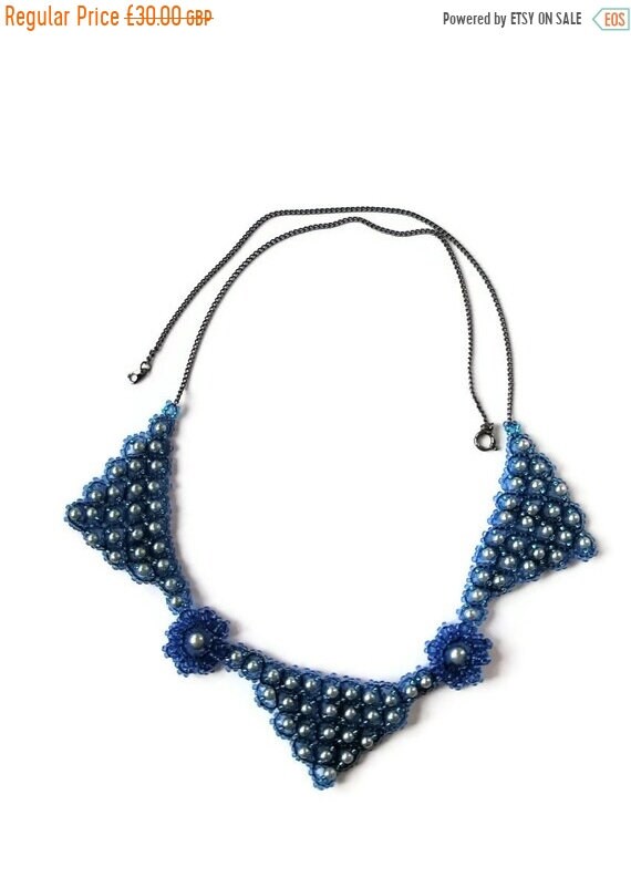 Statement Jewellery Blue Bead work Abstract triangular Necklace Silver Blue Glass pearls triangle collar flower links
