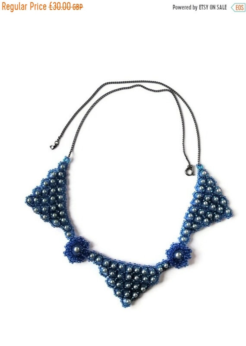 Statement Jewellery Blue Bead work Abstract triangular Necklace Silver Blue Glass pearls triangle collar flower links image 1