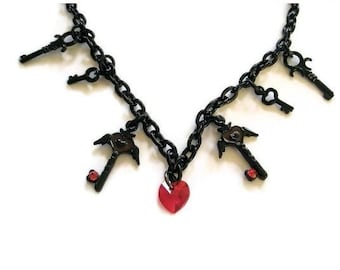 Jewelry Necklace Black chain Gothic Red swarovski heart key charms Halloween Gothic wedding valentines