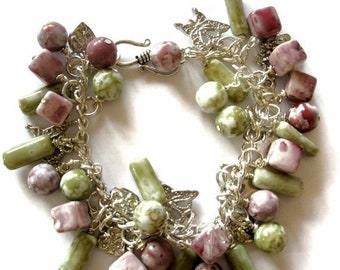 Pink, Green and Silver Butterfly  glass bead charm Bracelet