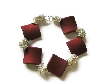 Fashion bracelet Red soft touch Square beads statement jewelry Silver chain arm candy by FruttiTuttiBeadCandy