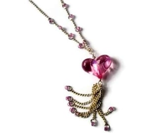 Necklace Pink Heart Silver chain dangle delicate feminine Valentine jewelry