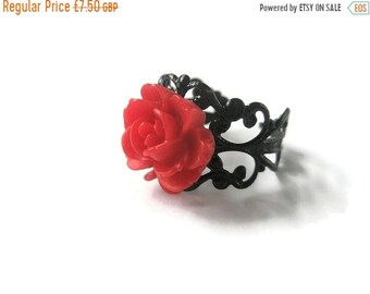 Ring Red Rose Black  filigree Flower adjustable Jewellery Gothic  Hand Made by Futti Tutti Bead candy