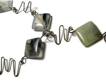 Jewelry Brass and Jade wire Twisted Necklace twisted wire green jade semi precious beads statement necklace long