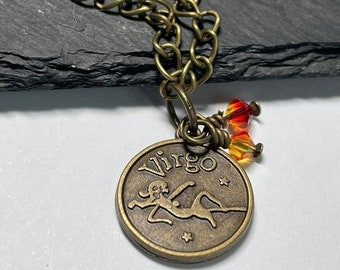 Virgo Zodiac charm Bracelet Carnelian Crystal brass chain