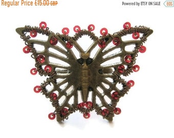 Ring Filigree Butterfly Red Bead wire wrapped Brass adjustable