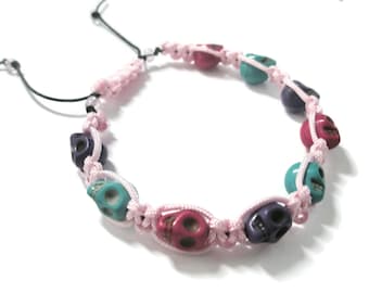 Jewellery Halloween Skull day of the dead Macramé Black Pink ceramic skulls Purple turquoise Fuschia Adjustable bracelet