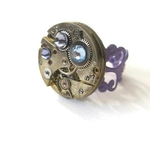 Steampunk Ring Steam Punk Jewellery Vintage Watch Movement Lilac Filigree adjustable Sapphire Amethyst Swarovski