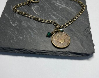 Cancer Zodiac  charm bracelet emerald Crystal Antique Brass chain