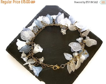 Bracelet flower cluster pendant Lucite wedding Bridal bridesmaid Blue white Antique Gold