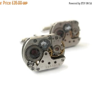 Wedding Watch Movement Cufflinks Steam punk up-cycled Mechanical industrial mens groom best man dad Smoke Grey Burgundy  swarovski